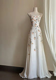 Vintage A Line Spaghetti Straps Long White Prom Dresses Evening Dress With Appliques HZ1024