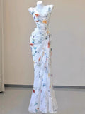 Vintage Sheath Square Neckline Long Prom Dresses White Floral Evening Dress With Ruffles HZ1024