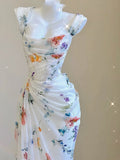 Vintage Sheath Square Neckline Long Prom Dresses White Floral Evening Dress With Ruffles HZ1024