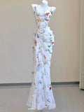 Vintage Sheath Square Neckline Long Prom Dresses White Floral Evening Dress With Ruffles HZ1024
