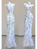 Vintage Sheath Square Neckline Long Prom Dresses White Floral Evening Dress With Ruffles HZ1024