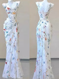 Vintage Sheath Square Neckline Long Prom Dresses White Floral Evening Dress With Ruffles HZ1024