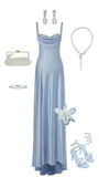Pretty A line Straps Light Sky Blue Satin Long Party Dress Prom Dresses HZ1024