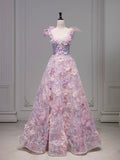 Elegant A line Square Neckline Sleeveless Floral Pink Tulle Party Dress Prom Dresses Evening Dress HZ1024