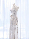 Elegant A Line One Shoulder Silver Sequin Party Dress Prom Dresses Evening Dress HZ1024