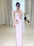 Simple A-line Spaghetti Straps Satin Pink Long Evening Dress Prom Dress HZ1024