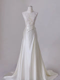 Chic A line High Neckline Sleeveless White Satin Wedding Dresses With Ruffles HZ1024