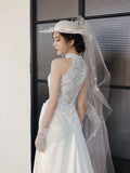 Chic A line High Neckline Sleeveless White Satin Wedding Dresses With Ruffles HZ1024