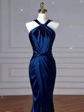 Sexy Mermaid High Neckline Navy Blue Satin Evening Dress Long Prom Dresses Party Dress With Ruffles HZ1024