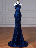 Sexy Mermaid High Neckline Navy Blue Satin Evening Dress Long Prom Dresses Party Dress With Ruffles HZ1024