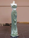 Sexy Mermaid Strapless Green Satin Evening Dress Long Prom Dresses Party Dress With Ruffles HZ1024