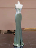Sexy Mermaid Strapless Green Satin Evening Dress Long Prom Dresses Party Dress With Ruffles HZ1024
