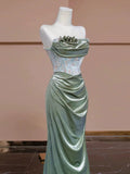 Sexy Mermaid Strapless Green Satin Evening Dress Long Prom Dresses Party Dress With Ruffles HZ1024