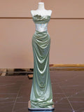 Sexy Mermaid Strapless Green Satin Evening Dress Long Prom Dresses Party Dress With Ruffles HZ1024