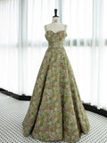 Elegant A line Spaghetti Straps Green Satin Floral Ruffles Long Prom Dress Evening Dress HZ1024