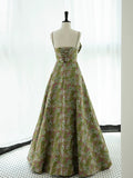 Elegant A line Spaghetti Straps Green Satin Floral Ruffles Long Prom Dress Evening Dress HZ1024
