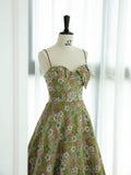 Elegant A line Spaghetti Straps Green Satin Floral Ruffles Long Prom Dress Evening Dress HZ1024