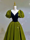 Elegant Ball Gown V Neckline Olive Green Satin Long Prom Dress Evening Dresses HZ1024