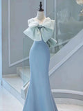 Pretty Mermaid Strapless Blue Satin Long Prom Dress Evening Dresses With Bow HZ1024