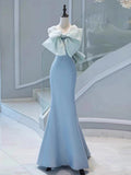 Elegant Mermaid Satin Blue Long Prom Dresses With Bow-knot Party Dress HZ1024