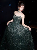 Elegant A line Strapless Green Sequin Long Prom Dress Evening Dresses HZ1024