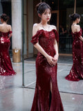 Elegant Mermaid Off The Shoulder Burgundy Sequin Long Prom Dress Evening Dresses HZ1024