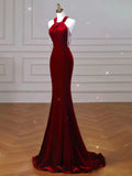 Sexy Mermaid Halter Red Velvet Long Prom Dresses Evening Dress HZ1024