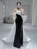 Elegant Mermaid Strapless Black Sequin Long Prom Dress Evening Dresses HZ1024