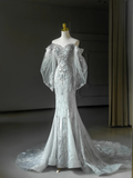 Elegant Mermaid Off The Shoulder Tulle Lace Long Wedding Dresses HZ1024