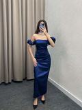 Sexy Sheath Off The Shoulder Royal Blue Long Satin Prom Dresses Party Dress HZ1024