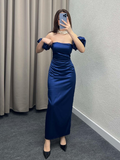 Sexy Sheath Off The Shoulder Royal Blue Long Satin Prom Dresses Party Dress HZ1024