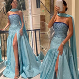 Sexy Mermaid Strapless Blue Prom Dress With Beads Long Satin Prom Dresses Party Dress HZ1024