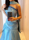 Sexy Mermaid Strapless Blue Prom Dress With Beads Long Satin Prom Dresses Party Dress HZ1024