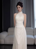 Vintage Mermaid White High Neckline Long Prom Dresses HZ1024
