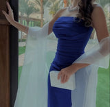 Sexy Sheath Strapless Royal Blue Prom Dress With Pleated Long Satin Prom Dresses Party Dress HZ1024