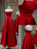 Sexy A line Strapless Red Satin Prom Dress Long Prom Dresses Party Dress With Ruffles HZ1024