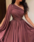 Classy A Line One Shoulder Brown Satin Long Party Dress Prom Dresses Evening Dress HZ1024