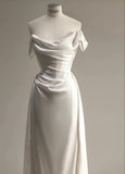 Elegant Mermaid Off The Shoulder Satin Long White Wedding Dress HZ1024