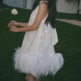 Simple A Line High Neckline Sequin Short White Homecoming Dress HZ1024