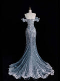 Elegant Mermaid Off The Shoulder Sequin Long Blue Wedding Dresses HZ1024