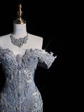 Elegant Mermaid Off The Shoulder Sequin Long Blue Wedding Dresses HZ1024