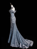 Elegant Mermaid Off The Shoulder Sequin Long Blue Wedding Dresses HZ1024