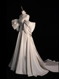 Elegant Ball Gown Strapless Satin Long White Wedding Dresses With Bow HZ1024