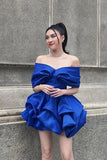 Elegant Royal Blue Bubble Off Shoulder Short Homecoming Dresses HZ1024