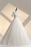 Elegant Ball Gown Strapless White Long Tulle Wedding Dresses With Beads HZ1024