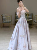 Elegant A line Off The Shoulder Satin Floral Evening Dress Long Prom Dresses HZ1024