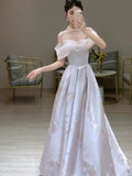 Elegant A line Off The Shoulder Satin Floral Evening Dress Long Prom Dresses HZ1024