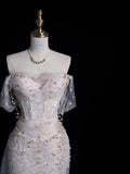 Elegant Mermaid Off The Shoulder Sequin Pearls Long White Wedding Dresses HZ1024