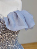 Elegant Ball Gown Off The Shoulder Lilac Short Sleeves Sequin Evening Dress Long Prom Dresses HZ1024