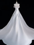Elegant A line Off The Shoulder Satin Pearls Long White Wedding Dresses HZ1024